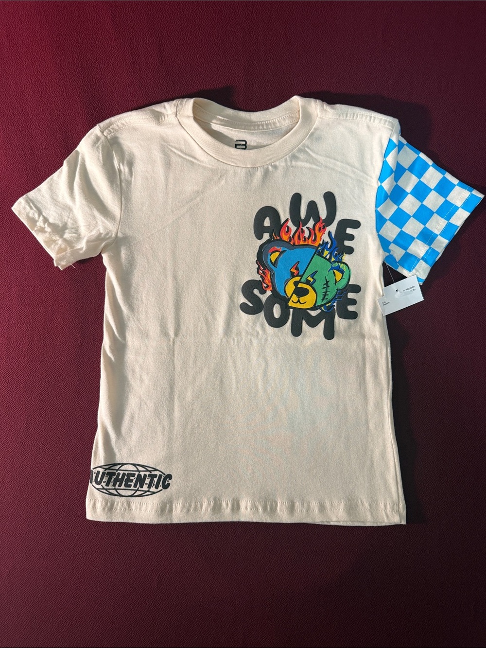 Kids "Awesome" Flame Bear Graphic Tee - Cream with Blue Sleeve